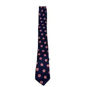 Navy Blue Men's Neck Tie with Pink Hibiscus Flowers 100% Polyester Skinny Tie